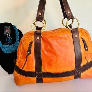 Latico Orange Leather Travel Duffel with Dark Brown Accents